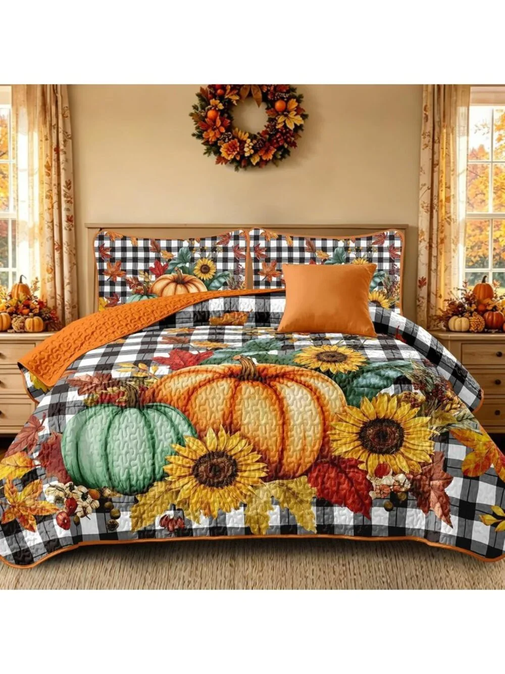 Cozy Fall Pumpkin Quilt Set Queen | Thanksgiving Bedspread for Autumn Decor